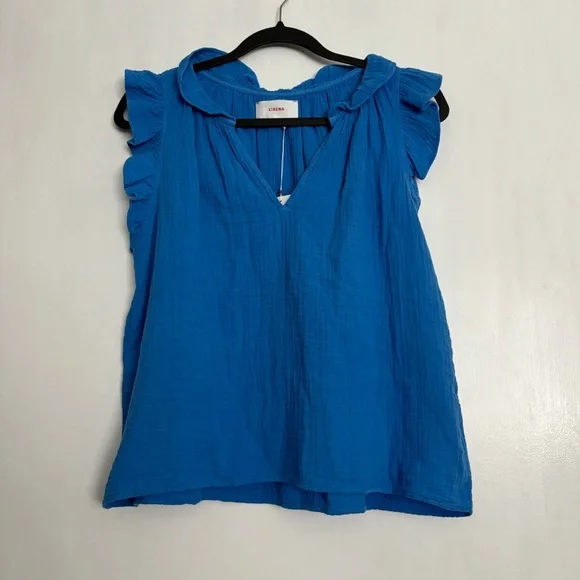 Xirena Bex Cotton Ruffle V-Neck Top in Deep Wave Size XS NEW Gauze Lightweight - Picture 2 of 14